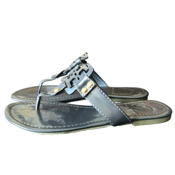 Tory Burch Miller Sandals Gunmetal Leather Thong Size 7 Metallic - Picture 10 of 15